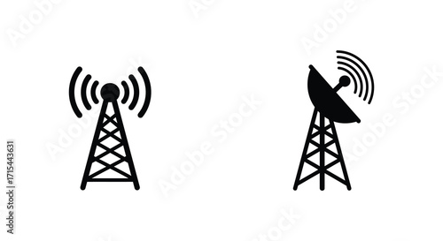 Black and white illustration depicting a radio tower and satellite dish