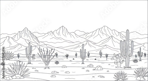 Desert mountain landscape outline drawing