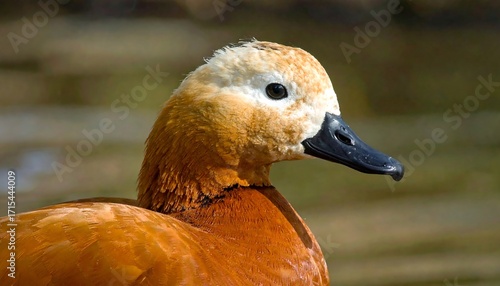 Close-up profile of a ruddy shelduck, showcasing its rich orange-brown plumage and detailed facial features.