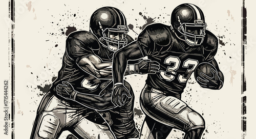 Vintage style illustration of football players in game action, monochrome sports drawing symbolizing tradition, teamwork, and competition.