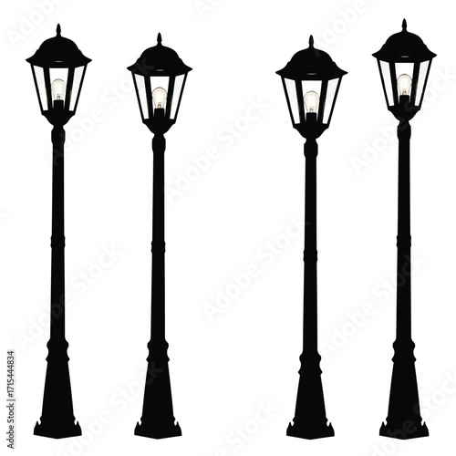 Vector art of four black silhouette vintage street lamps