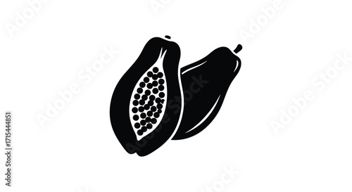 Simple black and white illustration of a halved and whole papaya fruit