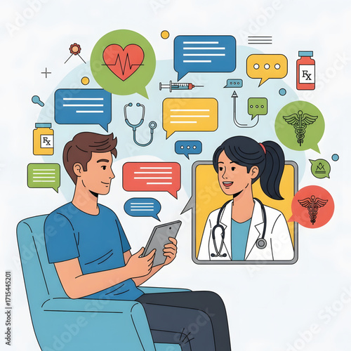 A young man consulting with a female doctor via a tablet device, discussing health.