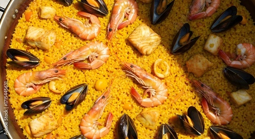 Authentic Spanish paella brimming with fresh seafood, vibrant saffron rice, and savory flavors - a culinary masterpiece ready to be served at your next fiesta or celebratory feast