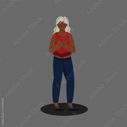 An elderly woman with grey hair and dark skin stands with her arms crossed in an 'X' shape, signaling refusal or stop, against a plain grey background.