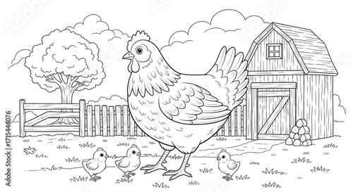 Farm scene coloring page hen and chicks