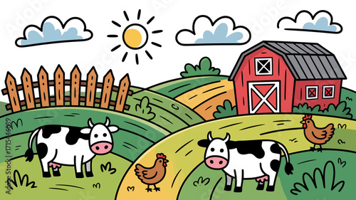 Charming countryside scene with cows, chickens, barn, and rolling hills under a sunny sky