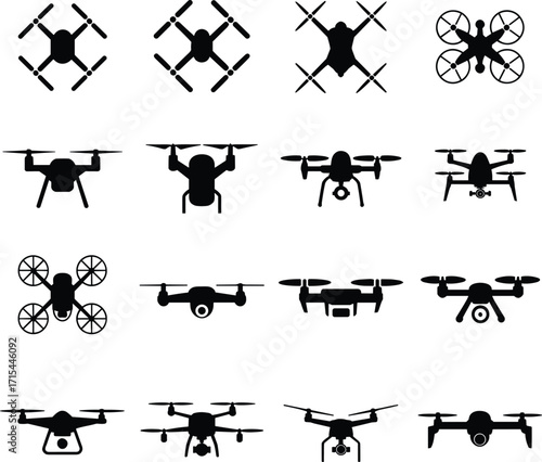 Drone silhouette icons, quadcopter shapes, UAV vector, aerial devices, rotorcraft profiles, black illustrations, technology design, flying gadgets, minimalist, modern drones