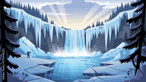 Majestic frozen waterfall scenery with lone hiker, perfect for travel and nature themes