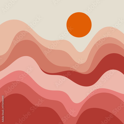 Minimalist desert landscape art print with warm earthy tones and abstract sunset design