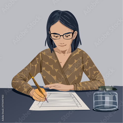 Woman meticulously practicing calligraphy, focused intently on her work at a desk.