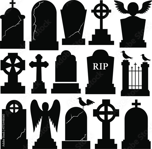 Gravestone silhouette icons, RIP tombstones, cemetery symbols, funeral vector, Halloween design, gothic art, mourning theme, black illustration, death, memorial