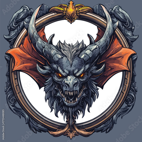 Dark Dragon Head in Circle Frame | Gothic Fantasy Beast Vector Art