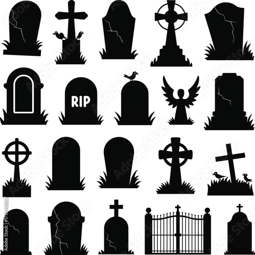 Graveyard silhouette icons, cemetery symbols, RIP gravestones, gothic crosses, spooky gate, Halloween vector, mourning art, black design, funeral theme, death