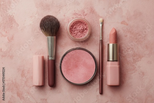 Flatlay of pink makeup products on a textured background