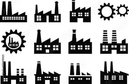 Industrial factory icons set, black silhouette manufacturing buildings, vector industry symbols, power plant pictograms, isolated production facility illustrations
