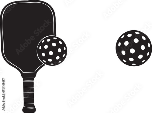 Black pickleball paddle and two balls on white sport