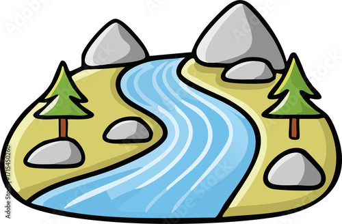Scenic River Stream with Rocks Clipart Vector Illustration
