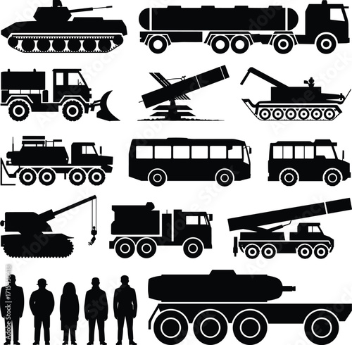 Military and utility vehicle silhouettes, transport icons, construction equipment, black vector design, tank, truck, missile launcher, soldier, bus, armored