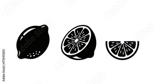 Minimalist Lemon Fruit Vector Icon Set with Black Silhouette Slice and Wedge Graphics