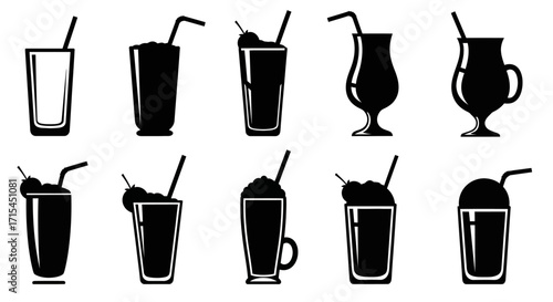 Set of black silhouette icons for various drinks and cocktails.