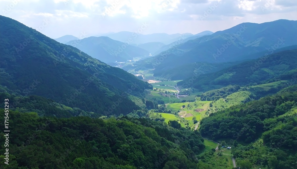 Naklejka premium Lush valley nestled between mountains (1)