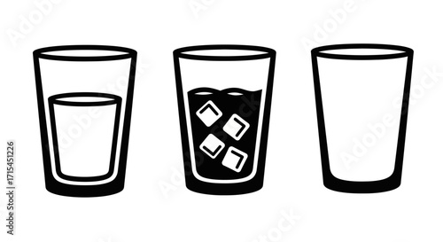 Simple Drinking Glass Vector Icon Set Full Half and Empty