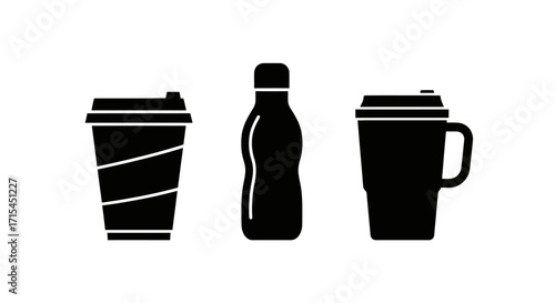 Icon Set Vector Collection of Minimalist Black Silhouette Beverage Containers Including Coffee Cup Bottle and Mug