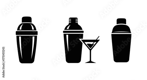 Cocktail Shaker and Martini Glass Vector Icon Set in a Minimalist Silhouette Style