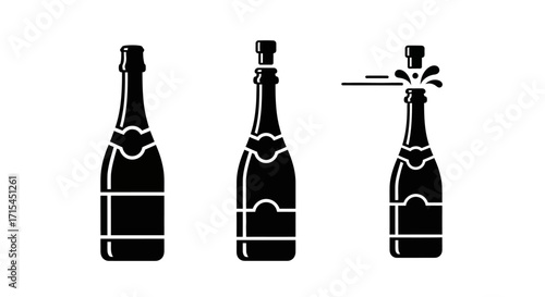 Champagne Popping Vector Icon Set with Minimalist Bottle Silhouettes