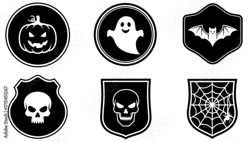 Spooky Halloween badges collection, pumpkin, ghost, bat, skull, spiderweb icons set