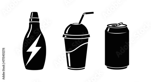 Beverage Icon Set Vector with Black Silhouette Energy Drink Soda Can and Smoothie Cup