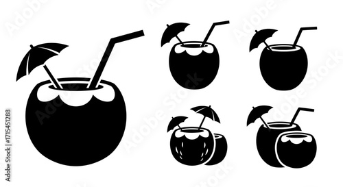 Icon Set Vector of Minimalist Black Coconut Drink Silhouettes for Tropical Themes
