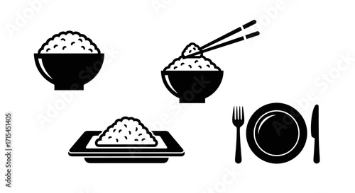 Minimalist Food Icon Set Vector Collection with Rice Bowl Chopsticks and Cutlery
