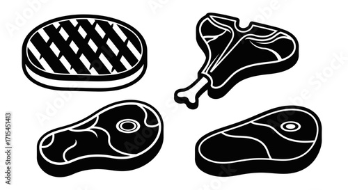 Meat Cuts Vector Icon Set with T Bone Steak Sirloin and Grilled Patty Graphics