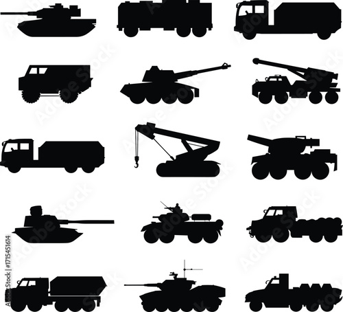 Military vehicle silhouettes, army transport trucks, battle tanks, armored vehicles, artillery systems, war equipment icons, defense machinery, black silhouettes