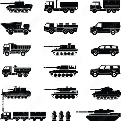Military vehicles silhouette collection, tanks, trucks, armored transport, off-road SUVs, logistic carriers, defense equipment, black icons on white background.