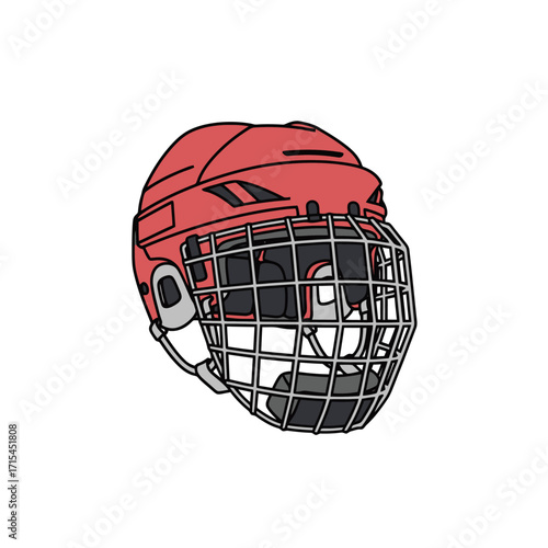 Isolated Red Hockey Helmet Illustration with Black Outlines for Sports Gear Visuals and Protective Equipment Design Resources