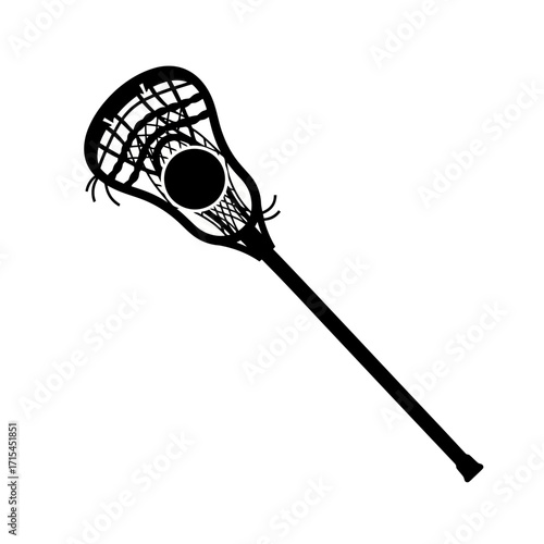 Minimalist Lacrosse Stick Illustration with Ball, Ideal for Sport Graphics, Team Logos, and Design Projects Requiring a Clean and Symbolic Representation of Lacrosse.