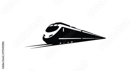 Sleek black high speed train silhouette moving swiftly forward on white