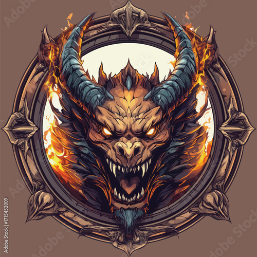  Red Armored Demon Head in Ornate Frame | Dark Fantasy Art Vector