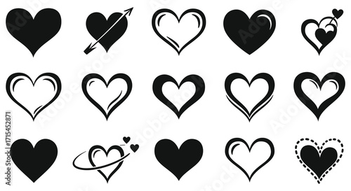 Collection of black heart shapes with arrows and decorative elements