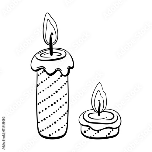 Two festive candles with glowing flames in black and white line art style, perfect for coloring pages, New Year celebrations and holiday themed projects. 