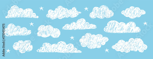 White pencil clouds on blue. Kids crayon sketch collection. Naive hand drawn childish illustrations for school projects. Grunge image. Vector bundle.