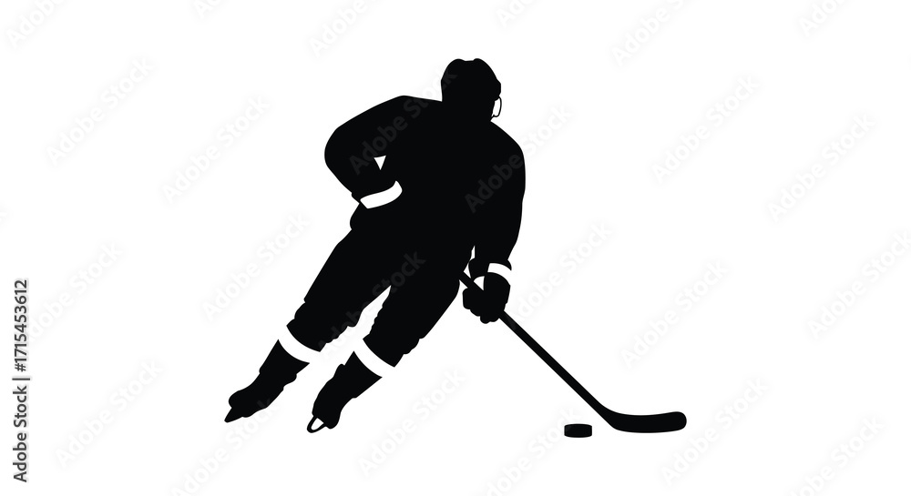 Obraz premium Silhouette of a hockey player in action with puck and stick