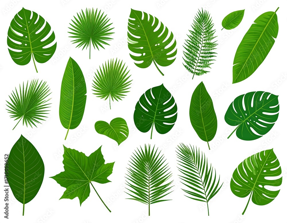 Fototapeta premium Diverse collection of vibrant green tropical leaves, displayed in various shapes and sizes against a bright white background.