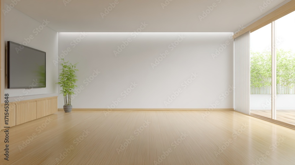 Obraz premium residential. Minimalist living room featuring white walls and wooden floors, bathed in natural ambient light for a clean aesthetic. real-estate listings.