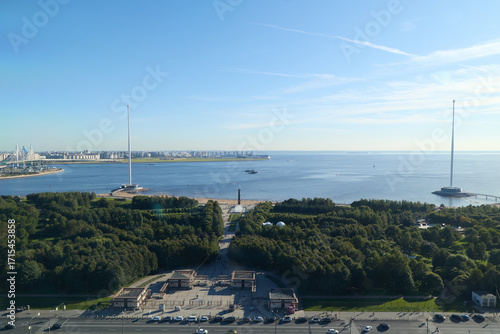 A breathtaking scenic view of a beautiful coastal landscape that includes communication towers