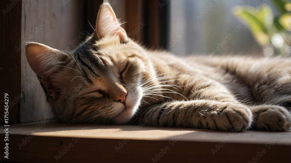 Fototapeta premium Relaxing cat sunbathing on window sill cozy home animal photography indoor setting close-up tranquility
