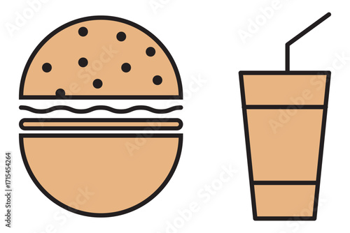 Burger icon. Fast food icon vector. Hamburger and drink icon. Hamburger soda icons vectors graphic designs. Symbols of street food. Restaurant concept.